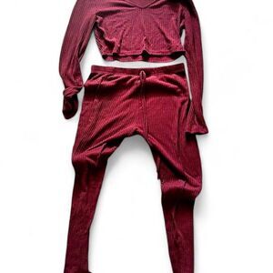 SHEIN Burgundy Ribbed Knit 2-Piece Lounge Set (Crop Top & Pants) - Size L